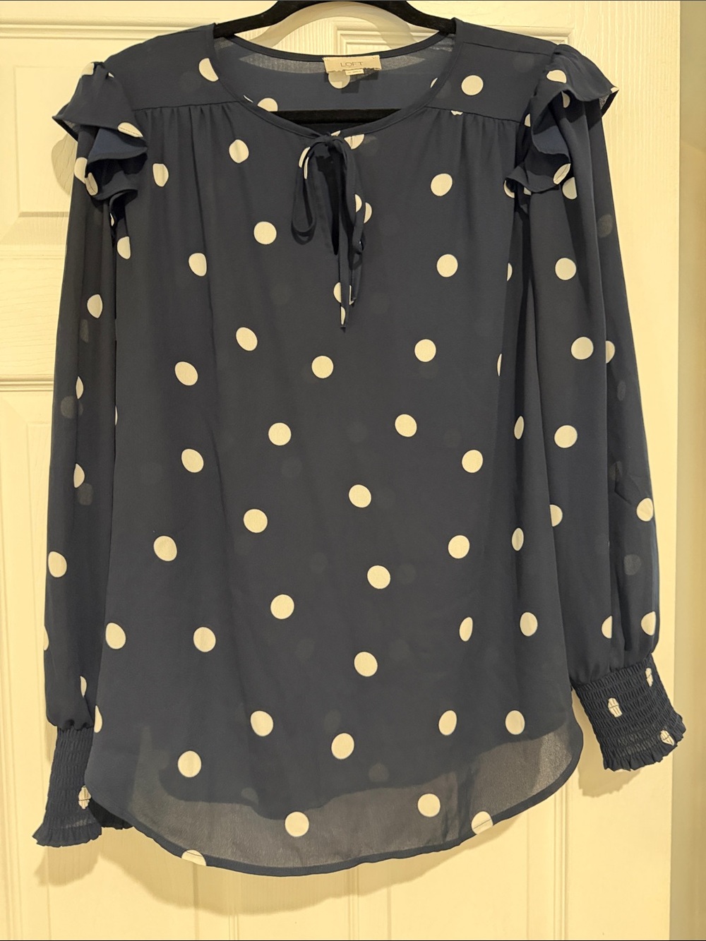 LOFT Navy and White Polka Dot Tie-Neck Ruffle Blouse